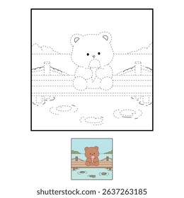 Hand Drawn Outline of Bear Eating Ice Cream at the Lake with Mountain and Water Lilies. Summer Coloring Page with a Cute of Bear Sitting on a Dock Eating Ice Cream. Cozy Coloring Page.