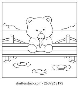 Hand Drawn Outline of Bear Eating Ice Cream at the Lake with Mountain and Water Lilies. Summer Coloring Page with a Cute of Bear Sitting on a Dock Eating Ice Cream. Cozy Coloring Page.