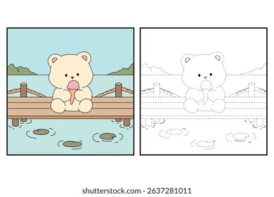 Hand Drawn Outline of Bear Eating Ice Cream at the Lake with Mountain and Water Lilies. Summer Coloring Page with a Cute of Bear Sitting on a Dock Eating Ice Cream. Cozy Coloring Page.