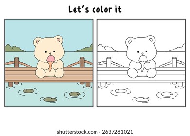 Hand Drawn Outline of Bear Eating Ice Cream at the Lake with Mountain and Water Lilies. Summer Coloring Page with a Cute of Bear Sitting on a Dock Eating Ice Cream. Cozy Coloring Page.