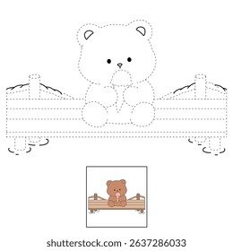 Hand Drawn Outline of Bear Eating Ice Cream. Summer Coloring Page with a Cute of Bear Sitting on a Dock Eating Ice Cream. Cozy Coloring Page. Trace and Color Bear Eating Ice Cream.