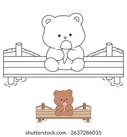 Hand Drawn Outline of Bear Eating Ice Cream. Summer Coloring Page with a Cute of Bear Sitting on a Dock Eating Ice Cream. Cozy Coloring Page. Trace and Color Bear Eating Ice Cream.