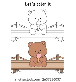 Hand Drawn Outline of Bear Eating Ice Cream. Summer Coloring Page with a Cute of Bear Sitting on a Dock Eating Ice Cream. Cozy Coloring Page. Trace and Color Bear Eating Ice Cream.