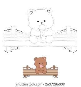 Hand Drawn Outline of Bear Eating Ice Cream. Summer Coloring Page with a Cute of Bear Sitting on a Dock Eating Ice Cream. Cozy Coloring Page. Trace and Color Bear Eating Ice Cream.