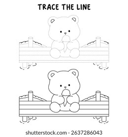 Hand Drawn Outline of Bear Eating Ice Cream. Summer Coloring Page with a Cute of Bear Sitting on a Dock Eating Ice Cream. Cozy Coloring Page. Trace and Color Bear Eating Ice Cream.