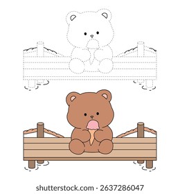 Hand Drawn Outline of Bear Eating Ice Cream. Summer Coloring Page with a Cute of Bear Sitting on a Dock Eating Ice Cream. Cozy Coloring Page. Trace and Color Bear Eating Ice Cream.