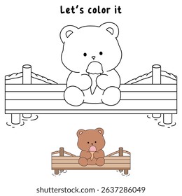 Hand Drawn Outline of Bear Eating Ice Cream. Summer Coloring Page with a Cute of Bear Sitting on a Dock Eating Ice Cream. Cozy Coloring Page. Trace and Color Bear Eating Ice Cream.