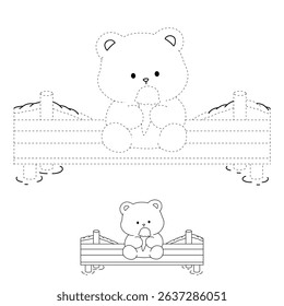 Hand Drawn Outline of Bear Eating Ice Cream. Summer Coloring Page with a Cute of Bear Sitting on a Dock Eating Ice Cream. Cozy Coloring Page. Trace and Color Bear Eating Ice Cream.