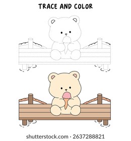 Hand Drawn Outline of Bear Eating Ice Cream. Summer Coloring Page with a Cute of Bear Sitting on a Dock Eating Ice Cream. Cozy Coloring Page. Trace and Color Bear Eating Ice Cream.