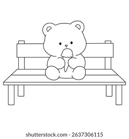 Hand Drawn Outline of Bear Eating Ice Cream. Summer Coloring Page with a Cute of Bear Sitting on a Bench Eating Ice Cream. Cute Cozy Coloring Page. Trace and color cute bear.