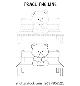 Hand Drawn Outline of Bear Eating Ice Cream. Summer Coloring Page with a Cute of Bear Sitting on a Bench Eating Ice Cream. Cute Cozy Coloring Page. Trace and color cute bear.