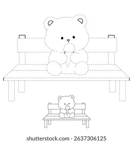 Hand Drawn Outline of Bear Eating Ice Cream. Summer Coloring Page with a Cute of Bear Sitting on a Bench Eating Ice Cream. Cute Cozy Coloring Page. Trace and color cute bear.