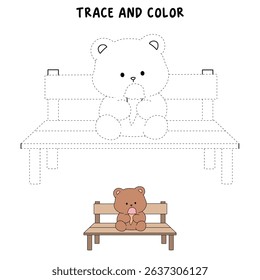 Hand Drawn Outline of Bear Eating Ice Cream. Summer Coloring Page with a Cute of Bear Sitting on a Bench Eating Ice Cream. Cute Cozy Coloring Page. Trace and color cute bear.