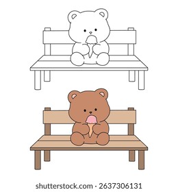 Hand Drawn Outline of Bear Eating Ice Cream. Summer Coloring Page with a Cute of Bear Sitting on a Bench Eating Ice Cream. Cute Cozy Coloring Page. Trace and color cute bear.