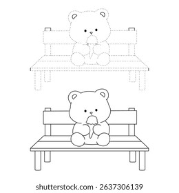 Hand Drawn Outline of Bear Eating Ice Cream. Summer Coloring Page with a Cute of Bear Sitting on a Bench Eating Ice Cream. Cute Cozy Coloring Page. Trace and color cute bear.
