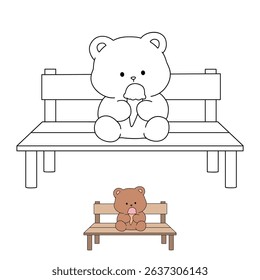 Hand Drawn Outline of Bear Eating Ice Cream. Summer Coloring Page with a Cute of Bear Sitting on a Bench Eating Ice Cream. Cute Cozy Coloring Page. Trace and color cute bear.
