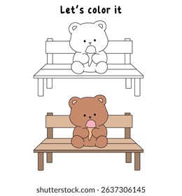 Hand Drawn Outline of Bear Eating Ice Cream. Summer Coloring Page with a Cute of Bear Sitting on a Bench Eating Ice Cream. Cute Cozy Coloring Page. Trace and color cute bear.