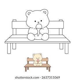 Hand Drawn Outline of Bear Eating Ice Cream. Summer Coloring Page with a Cute of Bear Sitting on a Bench Eating Ice Cream. Cute Cozy Coloring Page. Trace and color cute bear.