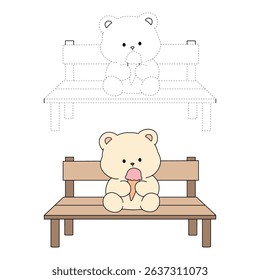 Hand Drawn Outline of Bear Eating Ice Cream. Summer Coloring Page with a Cute of Bear Sitting on a Bench Eating Ice Cream. Cute Cozy Coloring Page. Trace and color cute bear.