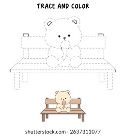 Hand Drawn Outline of Bear Eating Ice Cream. Summer Coloring Page with a Cute of Bear Sitting on a Bench Eating Ice Cream. Cute Cozy Coloring Page. Trace and color cute bear.
