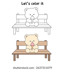 Hand Drawn Outline of Bear Eating Ice Cream. Summer Coloring Page with a Cute of Bear Sitting on a Bench Eating Ice Cream. Cute Cozy Coloring Page. Trace and color cute bear.