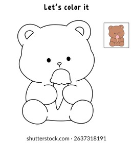 Hand Drawn Outline of Bear Eating Ice Cream. Summer Coloring Page with a Cute of Bear Eating Ice Cream. Cute Cozy Coloring Page. Trace and Color Cute Bear.
