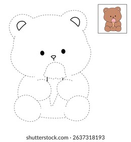 Hand Drawn Outline of Bear Eating Ice Cream. Summer Coloring Page with a Cute of Bear Eating Ice Cream. Cute Cozy Coloring Page. Trace and Color Cute Bear.