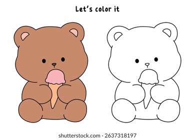 Hand Drawn Outline of Bear Eating Ice Cream. Summer Coloring Page with a Cute of Bear Eating Ice Cream. Cute Cozy Coloring Page. Trace and Color Cute Bear.