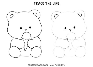 Hand Drawn Outline of Bear Eating Ice Cream. Summer Coloring Page with a Cute of Bear Eating Ice Cream. Cute Cozy Coloring Page. Trace and Color Cute Bear.
