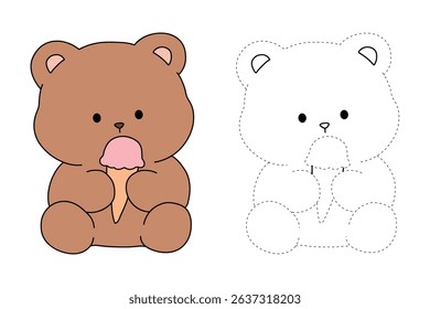 Hand Drawn Outline of Bear Eating Ice Cream. Summer Coloring Page with a Cute of Bear Eating Ice Cream. Cute Cozy Coloring Page. Trace and Color Cute Bear.