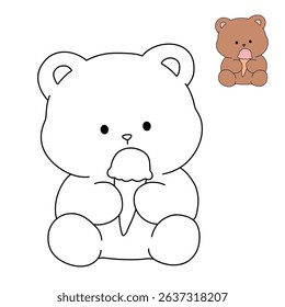 Hand Drawn Outline of Bear Eating Ice Cream. Summer Coloring Page with a Cute of Bear Eating Ice Cream. Cute Cozy Coloring Page. Trace and Color Cute Bear.