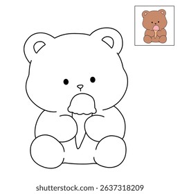 Hand Drawn Outline of Bear Eating Ice Cream. Summer Coloring Page with a Cute of Bear Eating Ice Cream. Cute Cozy Coloring Page. Trace and Color Cute Bear.