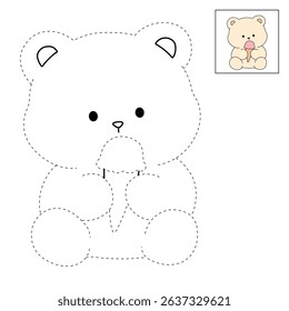 Hand Drawn Outline of Bear Eating Ice Cream. Summer Coloring Page with a Cute of Bear Eating Ice Cream. Cute Cozy Coloring Page. Trace and Color Cute Bear.