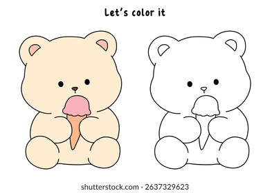 Hand Drawn Outline of Bear Eating Ice Cream. Summer Coloring Page with a Cute of Bear Eating Ice Cream. Cute Cozy Coloring Page. Trace and Color Cute Bear.