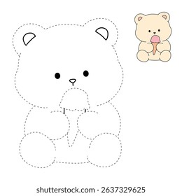 Hand Drawn Outline of Bear Eating Ice Cream. Summer Coloring Page with a Cute of Bear Eating Ice Cream. Cute Cozy Coloring Page. Trace and Color Cute Bear.