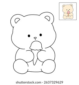 Hand Drawn Outline of Bear Eating Ice Cream. Summer Coloring Page with a Cute of Bear Eating Ice Cream. Cute Cozy Coloring Page. Trace and Color Cute Bear.