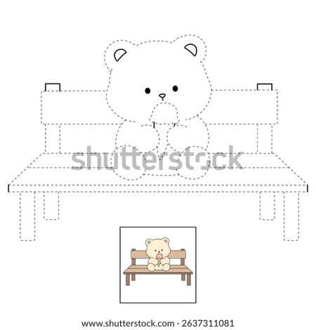 Hand Drawn Outline of Bear Eating Ice Cream. Summer Coloring Page with a Cute of Bear Sitting on a Bench Eating Ice Cream. Cute Cozy Coloring Page. Trace and color cute bear.