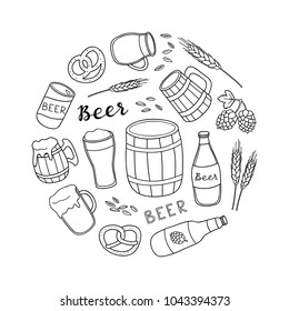 Hand drawn outline beer items composed in circle shape.