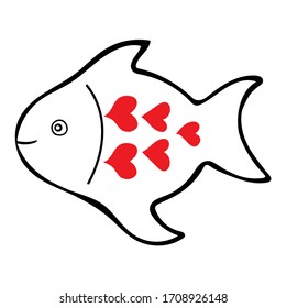 Hand drawn outline black vector illustration of a beautiful happy fish with red hearts isolated on a white background