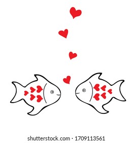 Hand drawn outline black vector illustration of two beautiful happy fish with red hearts isolated on a white background