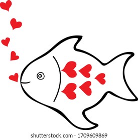 Dibujo manual esquema vector negro ilustración de un bello pez feliz con corazones rojos aislados en fondo blanco