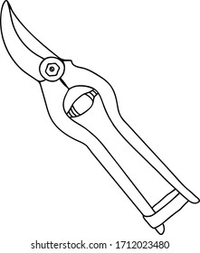 A Hand drawn outline black vector illustration of a beautiful metal garden secateurs for gardening isolated on a white background