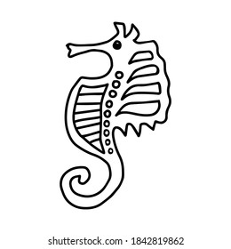 Hand drawn outline black vector illustration of a beautiful happy sea horse isolated on a white background