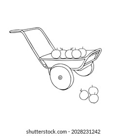 A Hand drawn outline black vector illustration of a beautiful metal truck with apples isolated on a white background