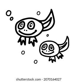 A Hand drawn outline black vector illustration of two beautiful happy tadpoles frogs isolated on a white background
