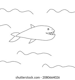 A Hand drawn outline black vector illustration of a beautiful happy whale isolated on a white background