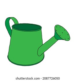 A Hand drawn outline black vector illustration of a beautiful green metal watering can for gardening isolated on a white background