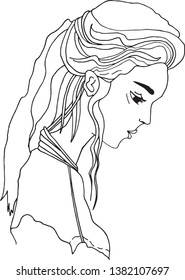 Hand drawn outline black and white sideview portrait of a beautiful girl with long hair