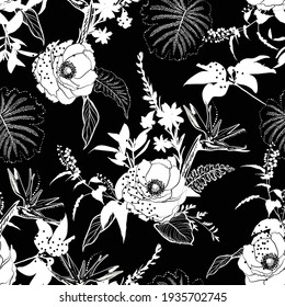 Hand drawn outline black and white Silhouette of botanical flower and leaves mixed with polka dots seamless pattern vector,Design for fashion , fabric, textile, wallpaper, cover,wrapping 