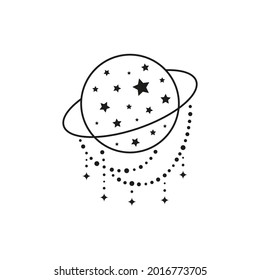 Hand drawn outline bohemian planet icon with stars and beads isolated on white background. Space illustration. Boho chic silhouette.